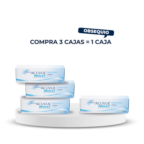 Lentes ACUVUE moist para Astigmatismo, con un ingrediente humectante incorporado similar a las lágrimas naturales.Por la compra de 3 cajas lleva 4 cajas