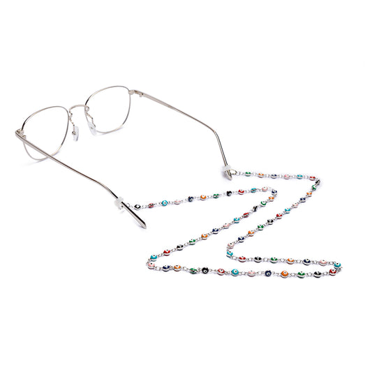 Cadena para gafas, color plateado con ojos turcos de colores.