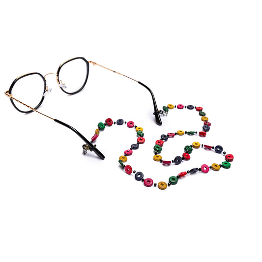 Cadena para gafas con círculos de colores.