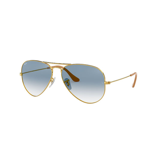 Gafas de sol Ray-Ban 3025 Aviator , para mujer y hombre, aro completo, metálicas, color dorado, con lente azul.