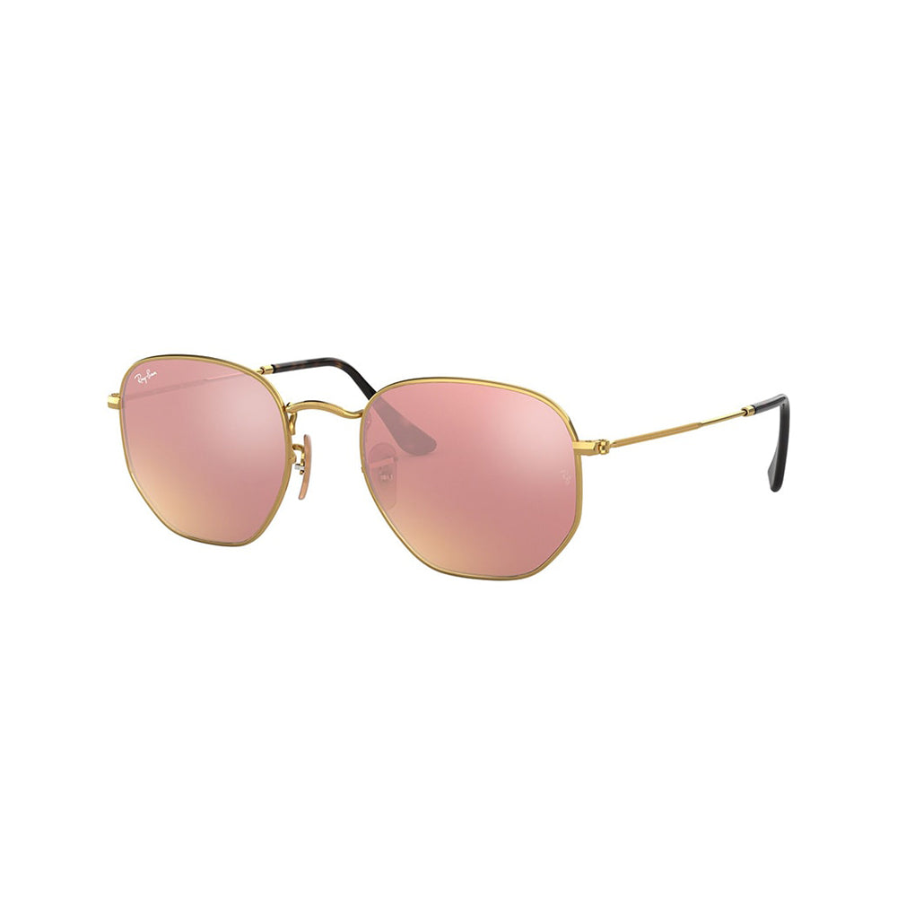 Gafas De Sol Ray-Ban 3548N para hombre y mujer, metálicas, aro completo, forma de ojo irregular, de color dorado, con lente rosado.