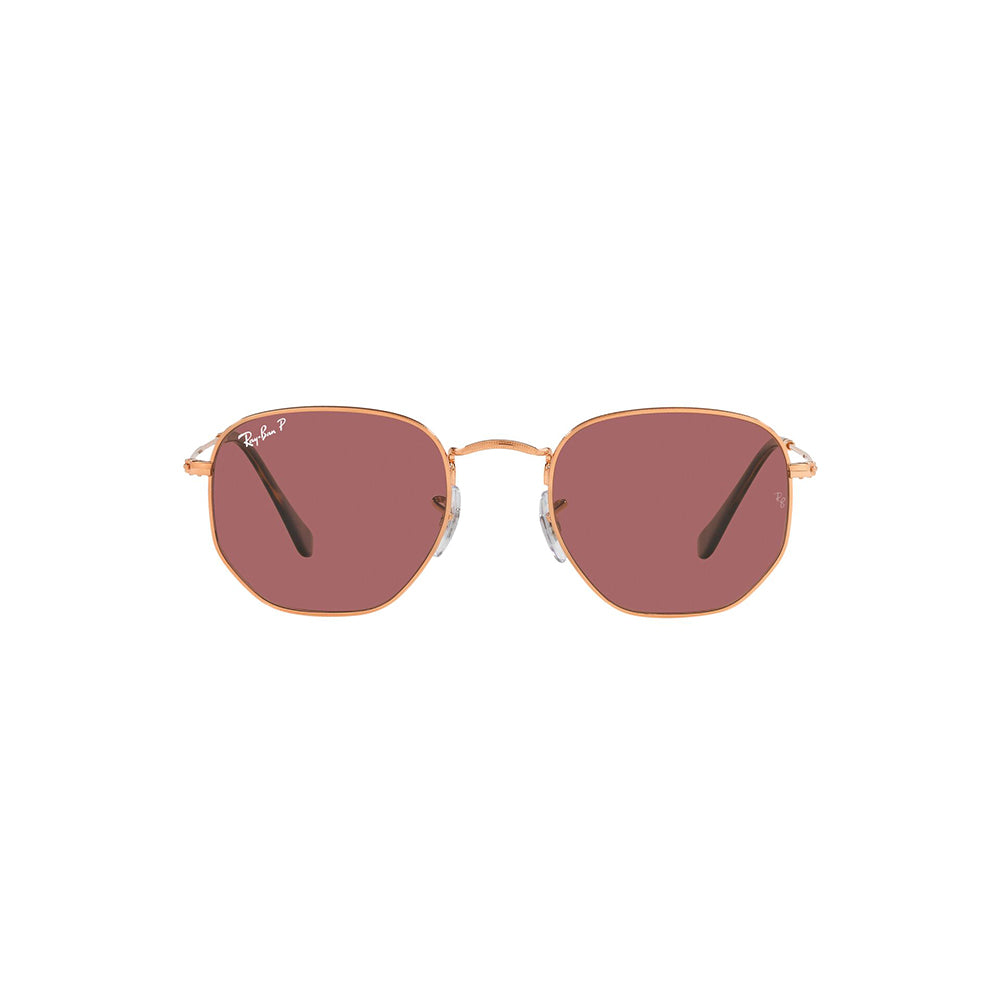 Gafas De Sol Ray-Ban 3548N para hombre y mujer, metálicas, aro completo, forma de ojo irregular, de color oro rosa, con lente rojo.