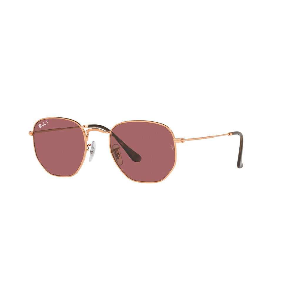 Gafas De Sol Ray-Ban 3548N para hombre y mujer, metálicas, aro completo, forma de ojo irregular, de color oro rosa, con lente rojo.