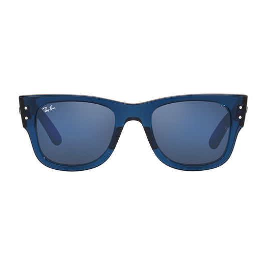 Gafas De Sol Ray-Ban 0840S unisex, en acetato, con montura de aro completo de color azul, con lente azul.