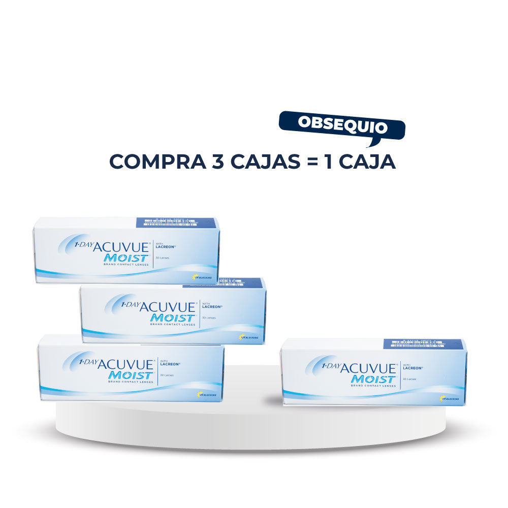 Lentes ACUVUE moist, con un ingrediente humectante incorporado similar a las lágrimas naturales. Por la compra de 3 cajas lleva 4 cajas