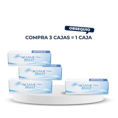 Lentes ACUVUE moist, con un ingrediente humectante incorporado similar a las lágrimas naturales. Por la compra de 3 cajas lleva 4 cajas