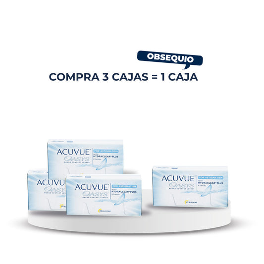 Lentes ACUVUE Oasys, para Astigmatismo .Por la compra de 3 cajas de lentes de contactos ACUVUE Oasys lleva 4 cajas