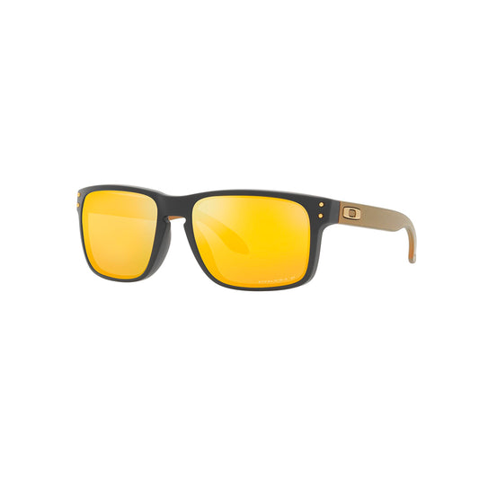 Gafas de Sol para Hombre Oakley 9102 - Inyectada, montura cuadrada aro completo, de color gris y bronce, con lente dorado.