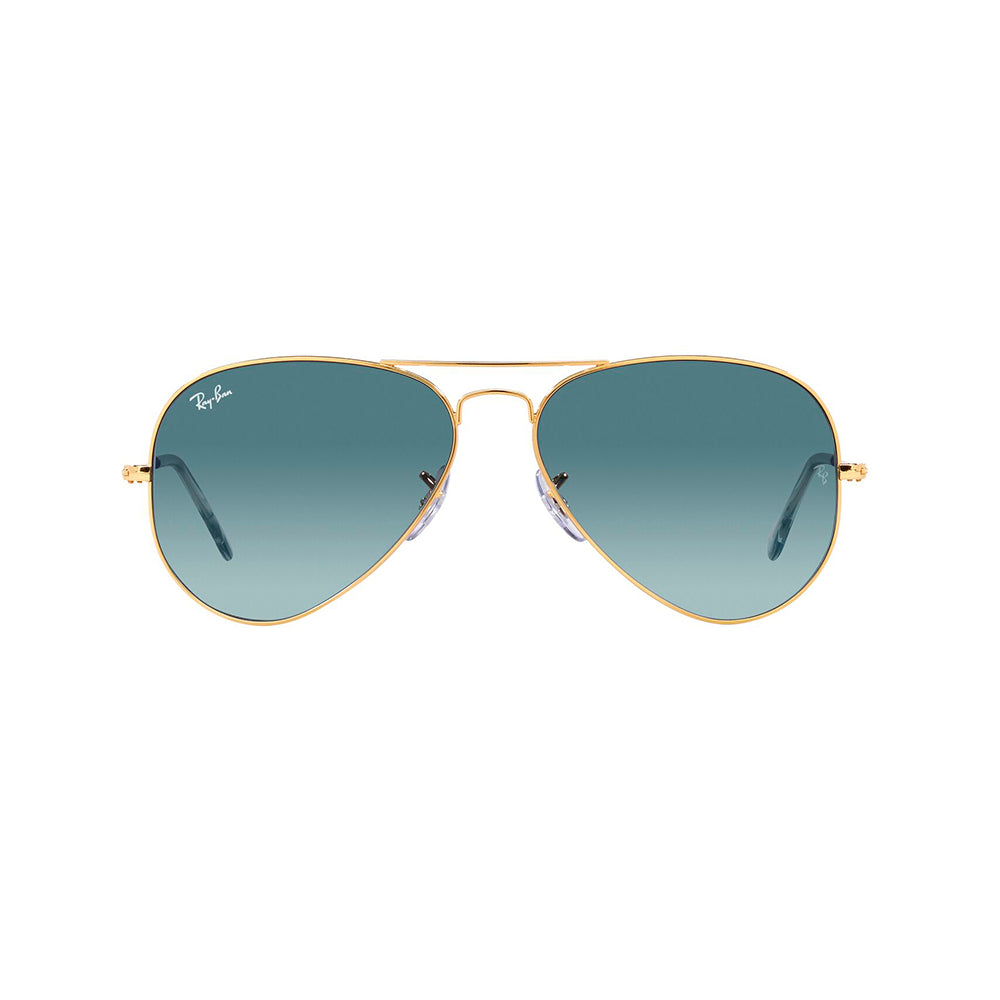 Gafas de sol Ray-Ban 3025 Aviator , para mujer y hombre, aro completo, metálicas, color dorado, con lente azul.