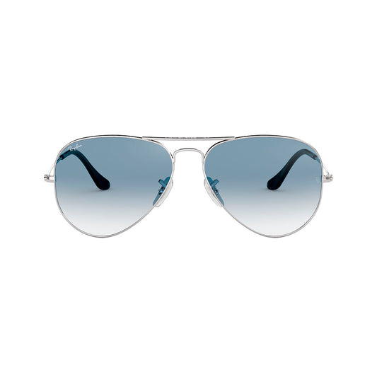 Gafas de sol Ray-Ban 3025 Aviator , para mujer y hombre, aro completo, metálicas, color plateado, con lente azul.