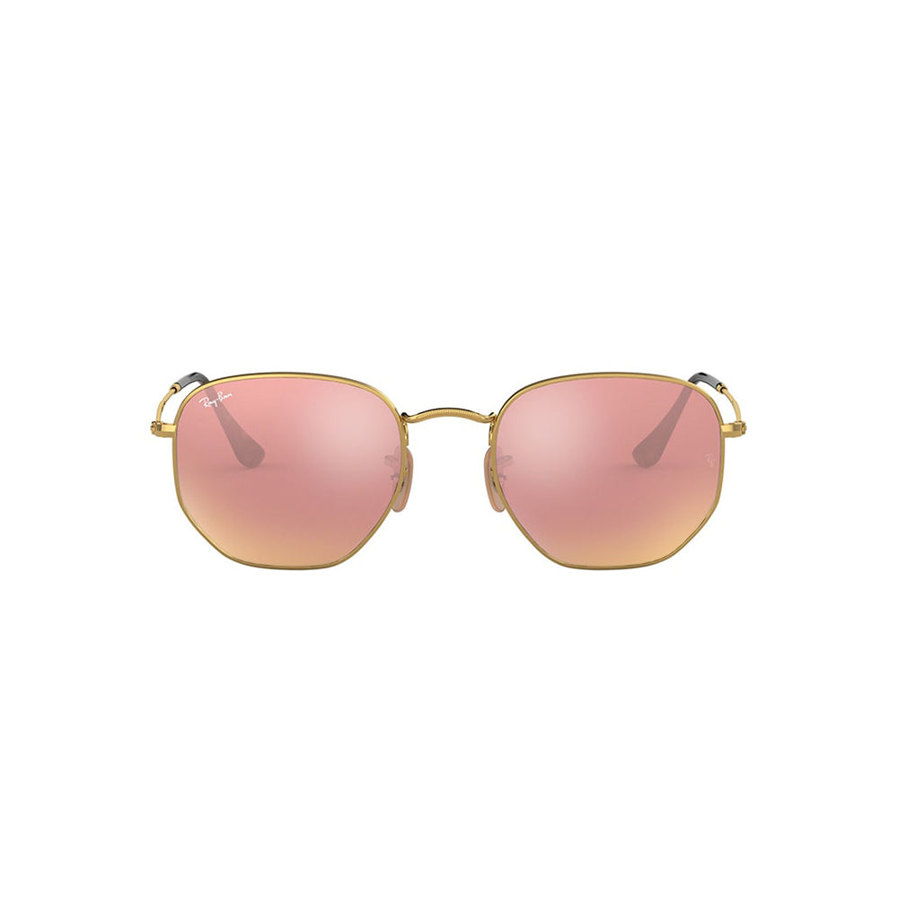 Gafas De Sol Ray-Ban 3548N para hombre y mujer, metálicas, aro completo, forma de ojo irregular, de color dorado, con lente rosado.