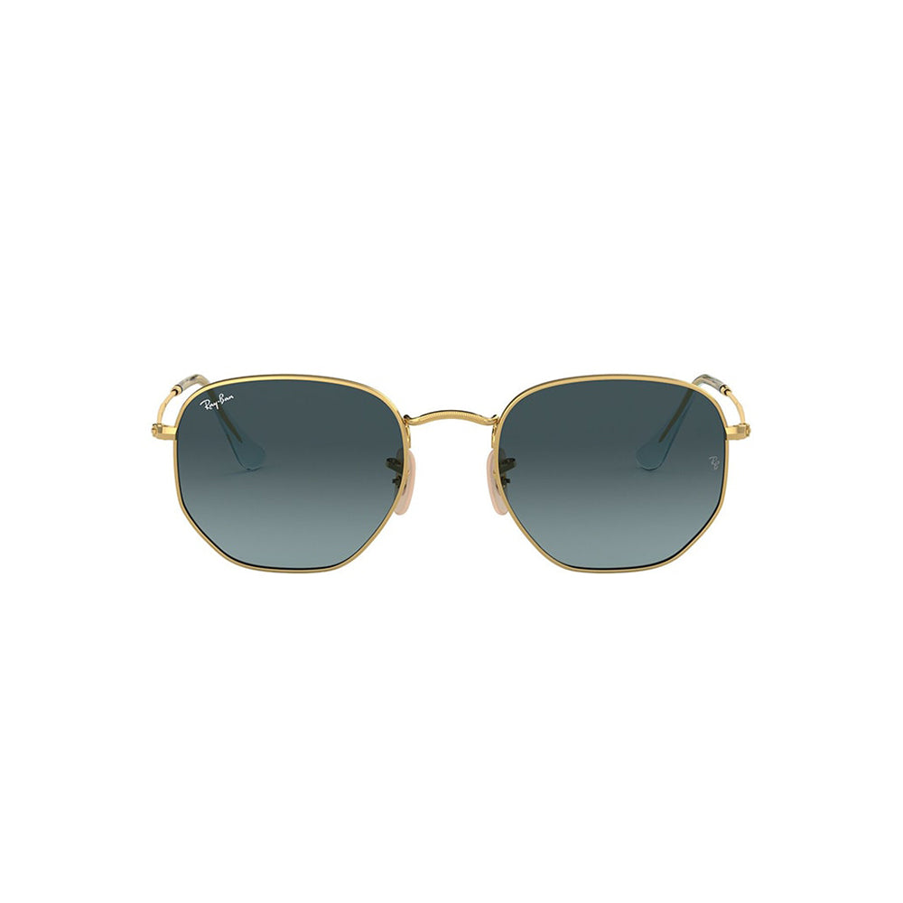 Gafas De Sol Ray-Ban 3548N para hombre y mujer, metálicas, aro completo, forma de ojo irregular, de color dorado, con lente azul.