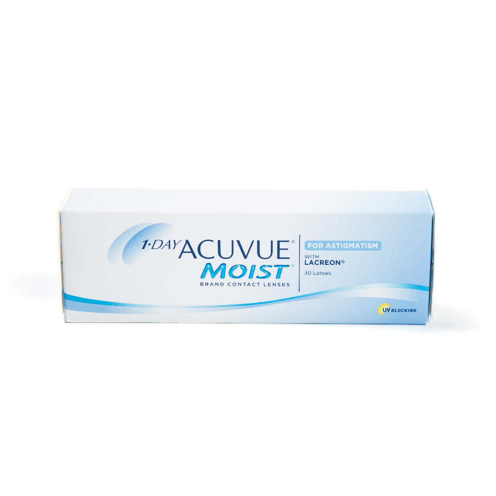 Lentes ACUVUE moist astigmatismo, con un ingrediente humectante incorporado similar a las lágrimas naturales.